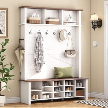 Farmhouse Wood Hall Tree with 6 Hooks and Entryway Shoe Bench, 4-in-1 Coat Rack with 16 Open Compartments &