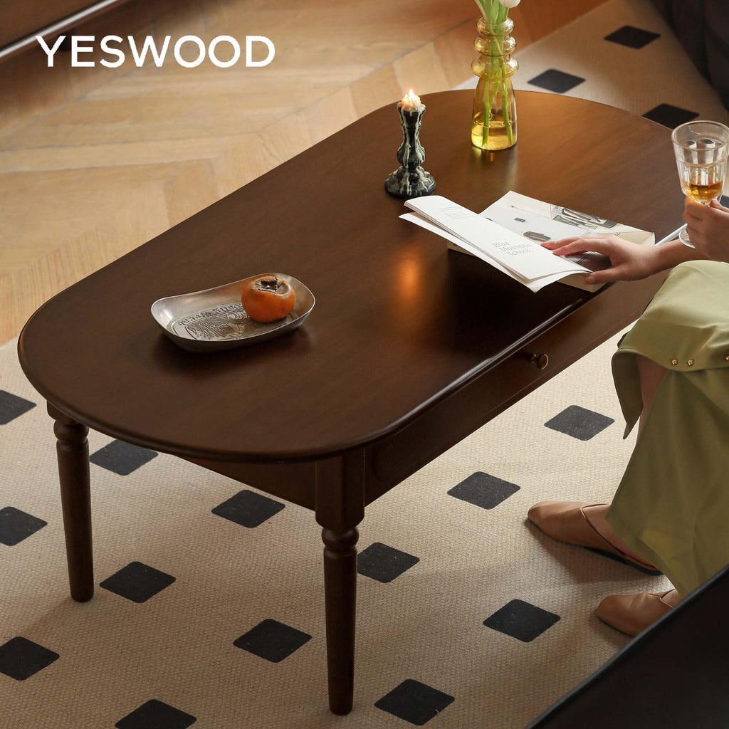 Solid Wood Coffee Table with Drawer, Retro Coffee Table with Vintage Detailings, Large Rectangular Living Room