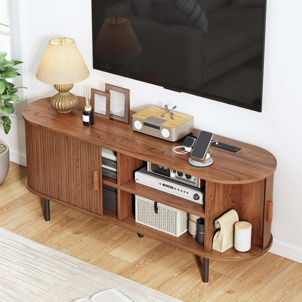 55" TV Stand with Power Outlet, Mid-Century Modern Television Stand, Fluted Media Console with Sliding Doors