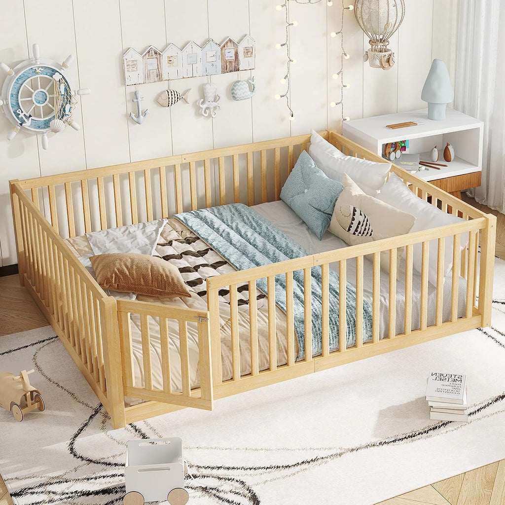 Queen Size Floor Bed with Door and High Guardrail, Queen Size Montessori Floor Bed with Fence, Easy Assemble