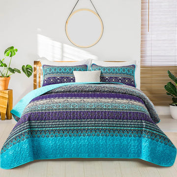 Boho King Quilt Bedding Set, 3 Pieces Soft Bedspread,Blue - Set of 3