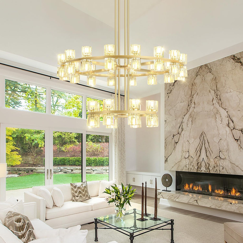 Inspired Arcachon Style 2-Tier Round Wagon Wheel Chandelier, 16" + 32" 48-Light Gold — Foyer, Great Room & Dining