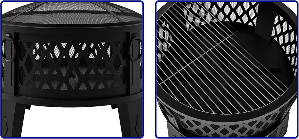 26" Steel Fire Pit with Grill & Diamond Mesh Design,360° Airflow Tech for 80% Less Smoke,XL Flames,Heavy-Duty Portable Outdoor Fire Bowl for Camping - Image 4