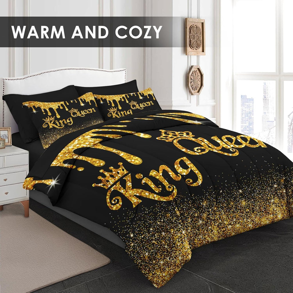 Comforter Set, Black Gold Crown 7 Pcs Bedding for Kids and Adults