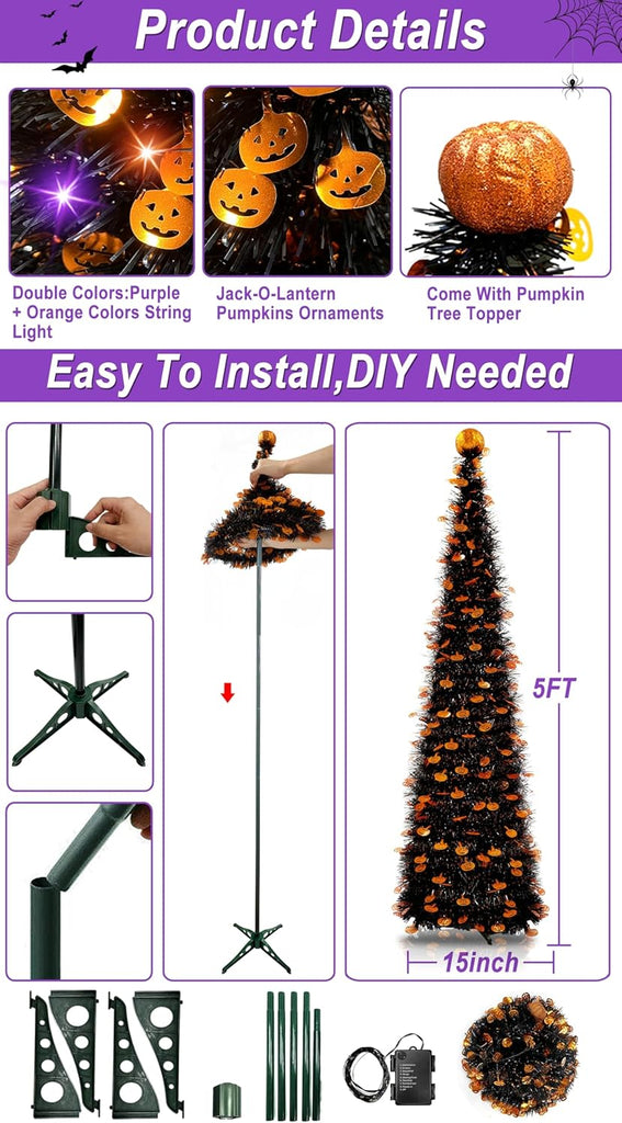 5Ft Black Tinsel Halloween Tree with Lights Halloween Decorations