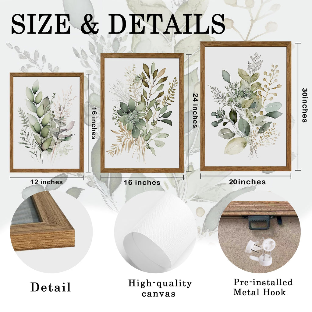 3 Pieces Green Watercolor Botanical Framed Canvas Wall Art 12x16 in
