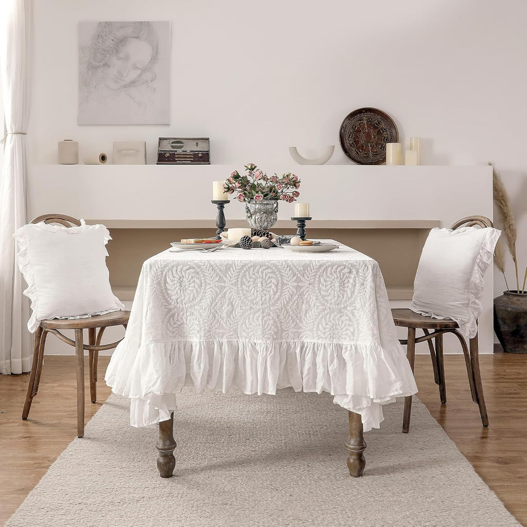 Vintage Ruffle Tablecloth for Rectangle Tables,Farmhouse Embroidered Cotton White Lace Table Cloth C