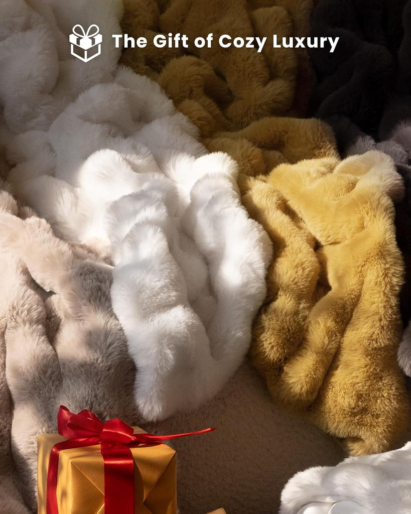 Ultra Soft Cozy Faux Fur Throw Blanket, Fuzzy Plush Thick Bubble Blanket, Luxury Fluffy Blanket, and Living Room