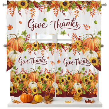 Thanksgiving Fall Kitchen Curtain and Valance Set 3 Pieces, Boho Farmhouse Orange Pumpkin Rod Pocket Short Tier