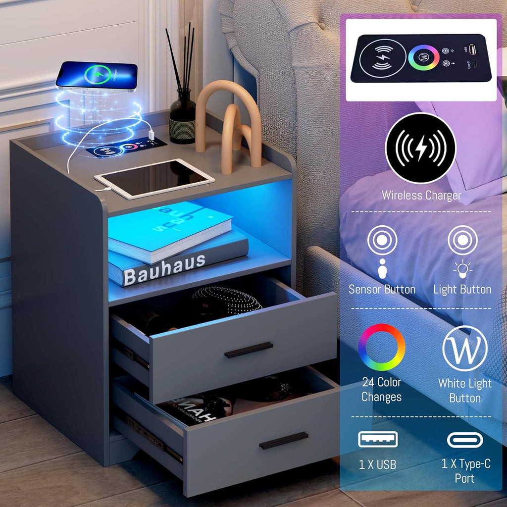 Grey Night Stand with Wireless Charging Station, Nightstand with 2 Drawers, Smart Bedside Table with 24-Color RGB