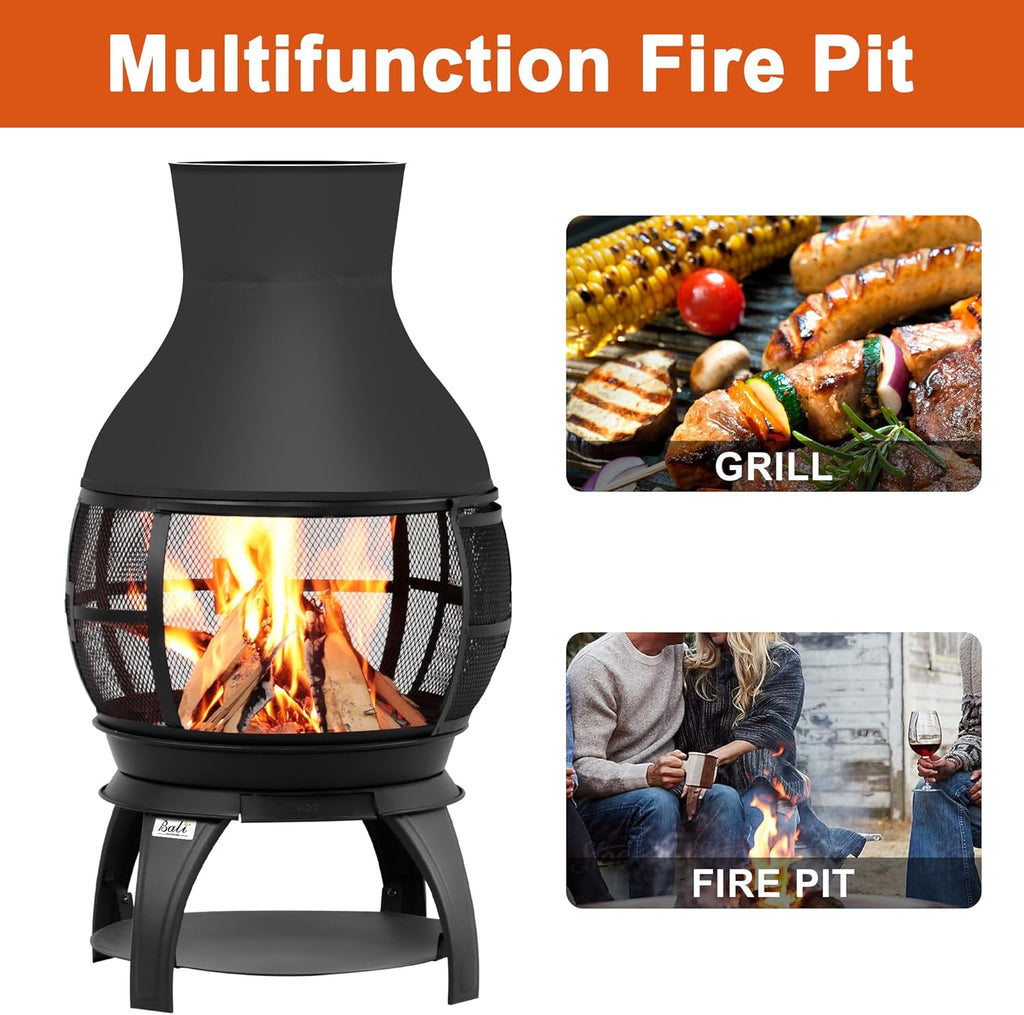 Fire Pit Wood Burning Chiminea Outside Fireplace Patio Small Firepit, Size 17.7" W x 35.6" H, Brown-Black