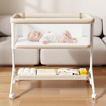 Bassinet Bedside Sleeper, All-Mesh, 5 Heights, Locking Wheels(Beige) | Washable mattress, oversized locking wheels