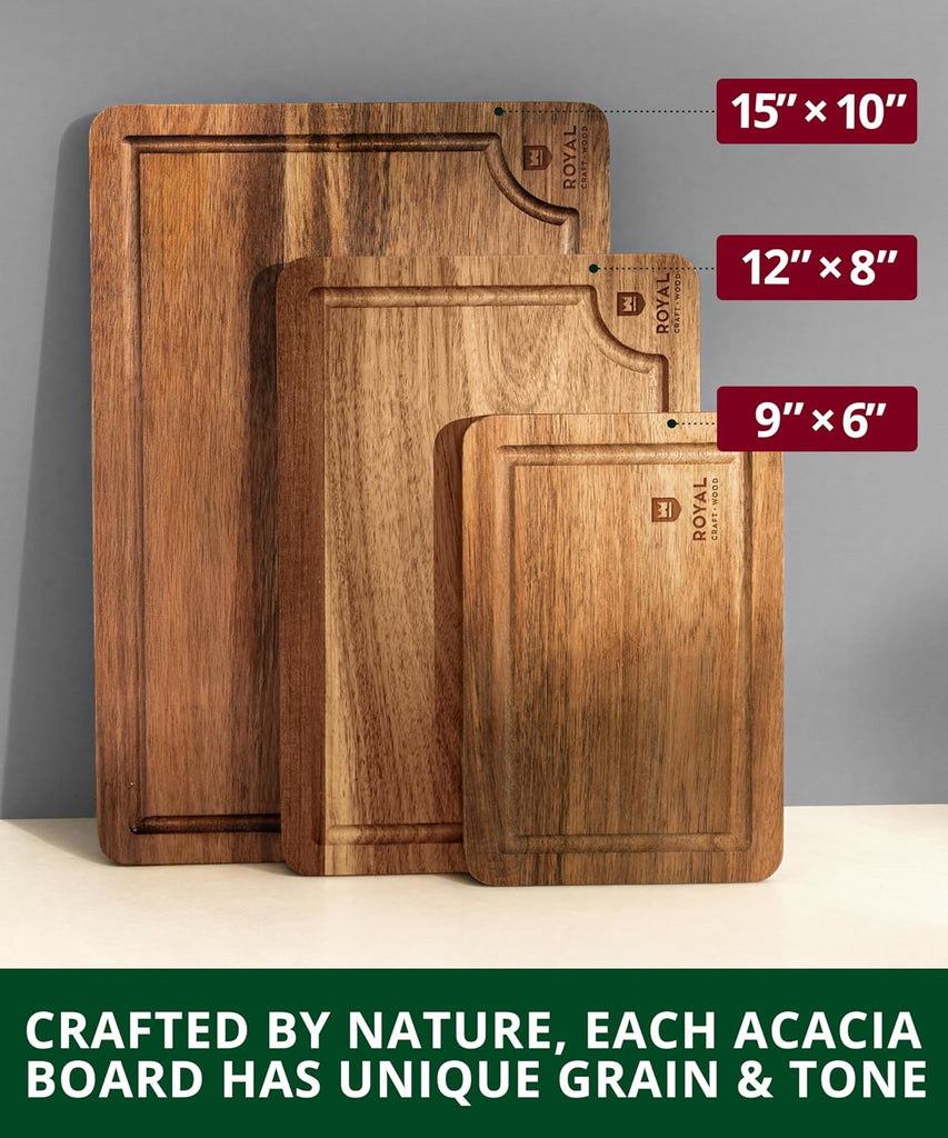 Wooden Cutting Boards Meal Prep & Serving - Bamboo Wood Serving Board Set with Deep Juice Groove Side Handles