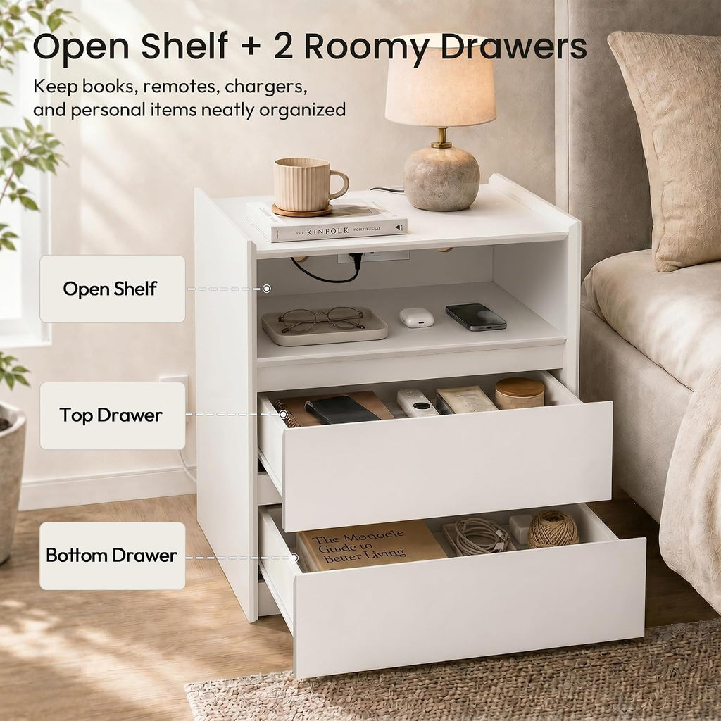 24" Tall Nightstand with Charging Station Including USB-C, Modern Bedside Table and Sofa End Table - White, 2
