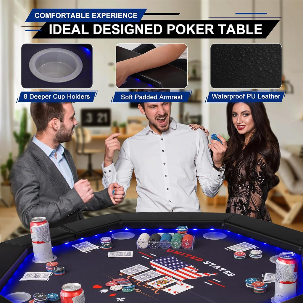 Foldable Poker Table with LED Lights, Octagon Casino Leisure Texas Holdem Table for 8 Player, Folding Blackjack Table