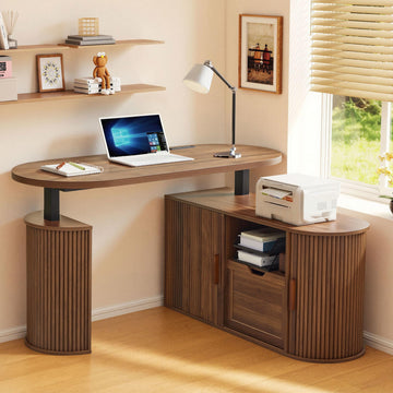 55" L Shaped Oval Electric Wood Standing Desk with Storage