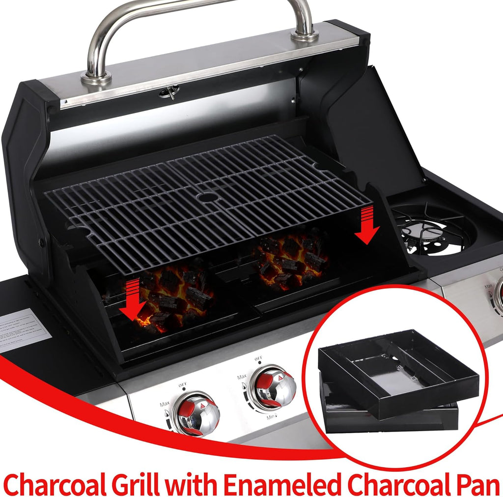 Propane and Charcoal Grill Combo with Griddle, 4-Burner Gas Grill with Cast Iron Grates, Side Burner and Prep Space