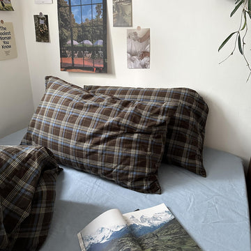Queen Size Plaid Pillowcases Set - 2 Pack 100% Cotton Brown & Blue Buffalo Check Pillow Covers with Envelope Closure