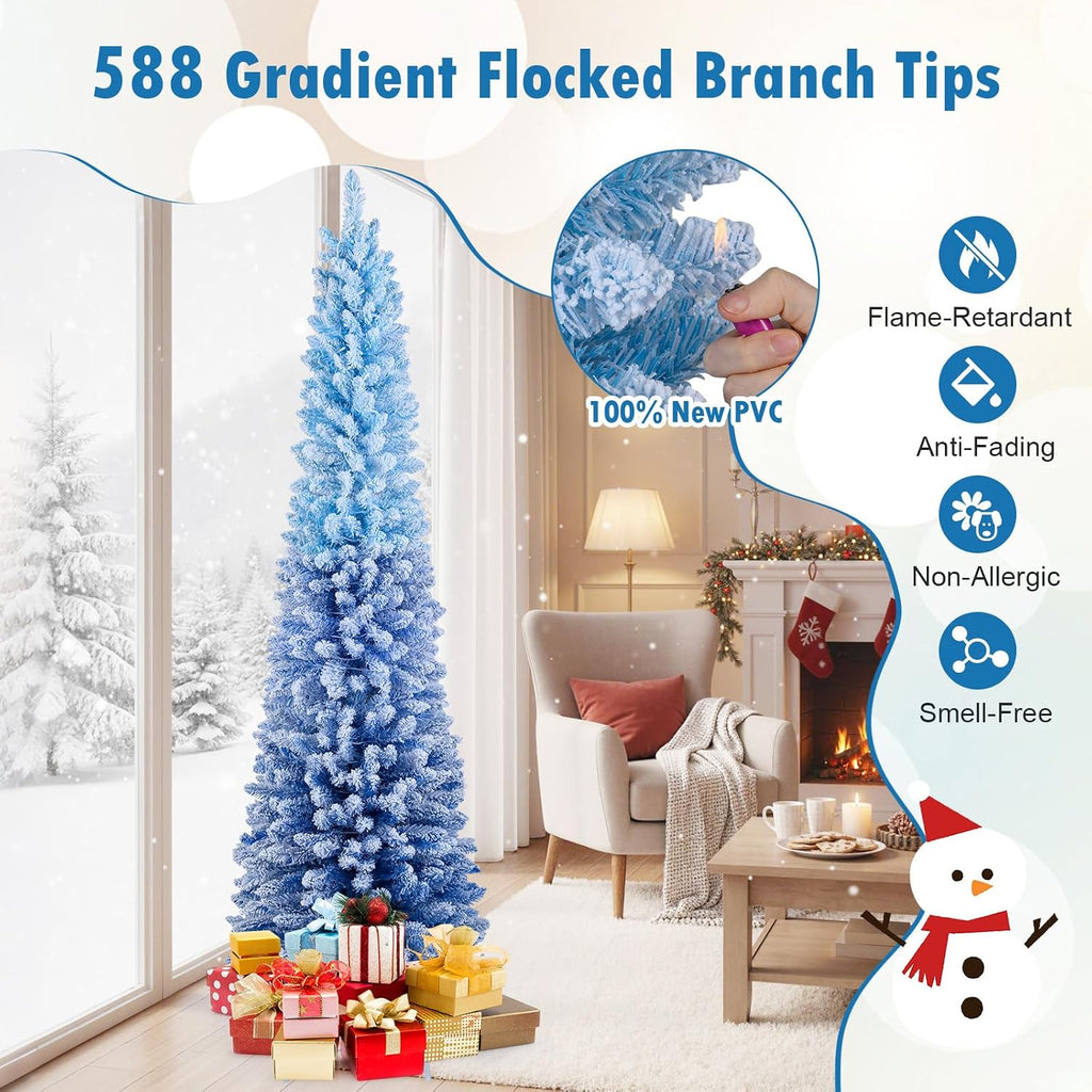 7 FT Pre-lit Flocked Pencil Christmas Tree Blue Slim Artificial Xmas Tree with 588 Branch Tips, 290 Warm White LED