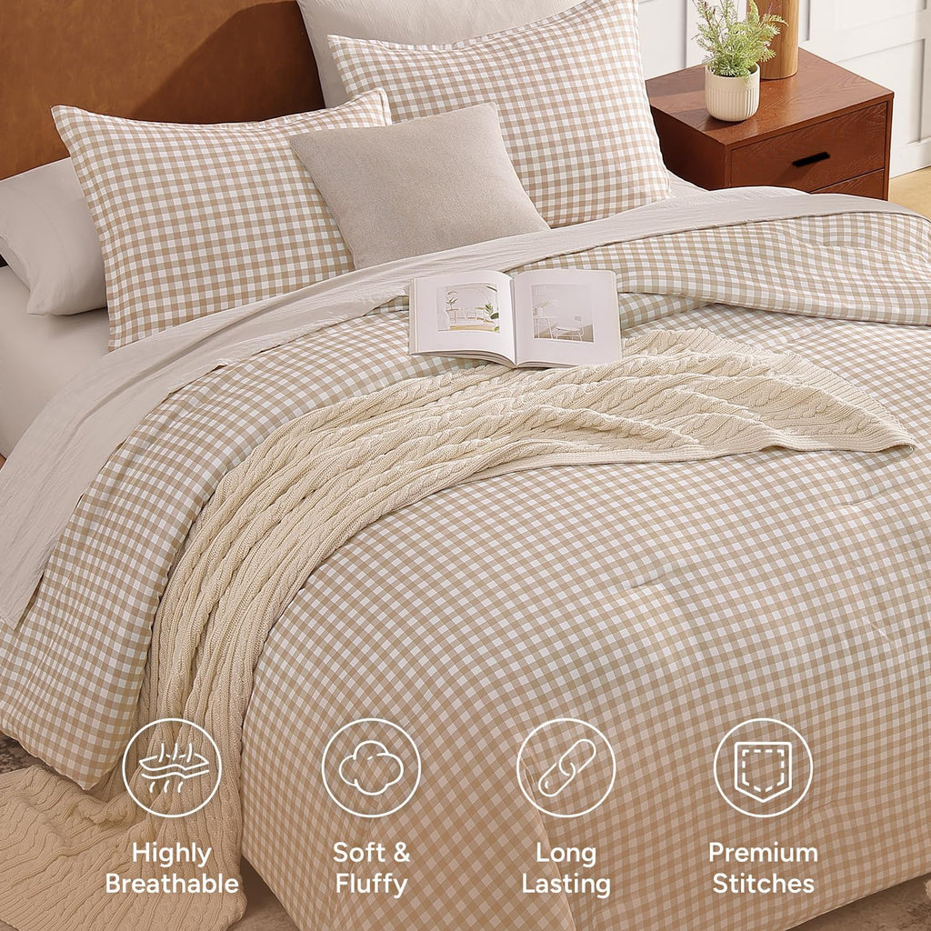 Tan Gingham Comforter Set Queen, Brown Checkered Grid Plaid Bedding - Set of 3