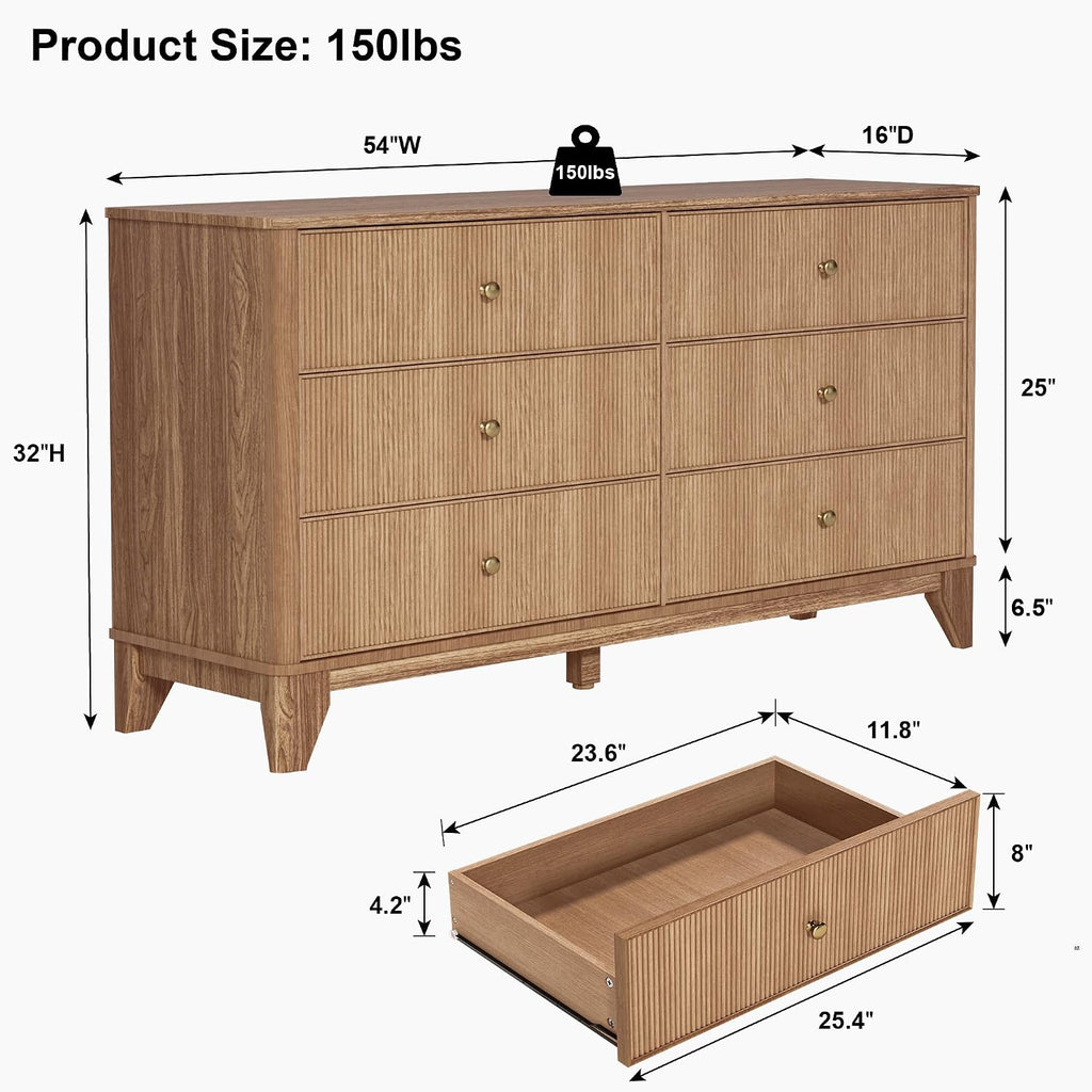 Fluted 6 Drawers Dresser, 54" Wide Modern Chest of Drawers with Round Corners, Wooden Dresser TV Stand, Wood Drawer
