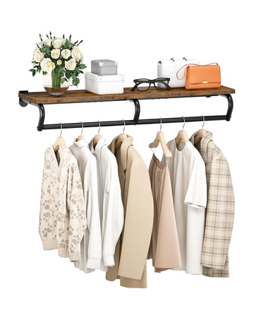 Wall Mounted Clothes Rack, Metal Garment Rack with Top Shelf, Laundry Storage Shelf with Hanging Rod, for Laundry