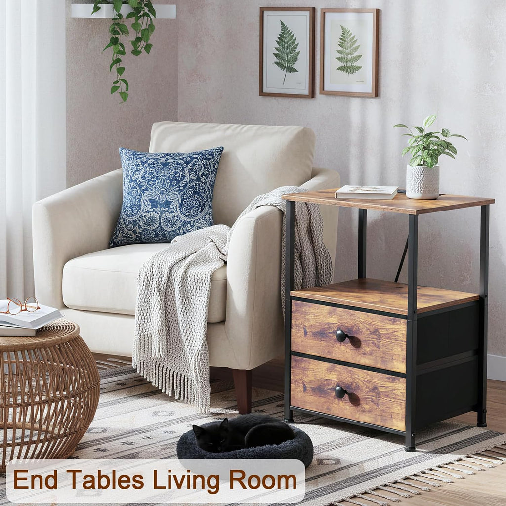Nightstands Set of 2, Night Stand with Charging Station, End Tables with Storage Shelf , Bedside Table with 2 Fabric