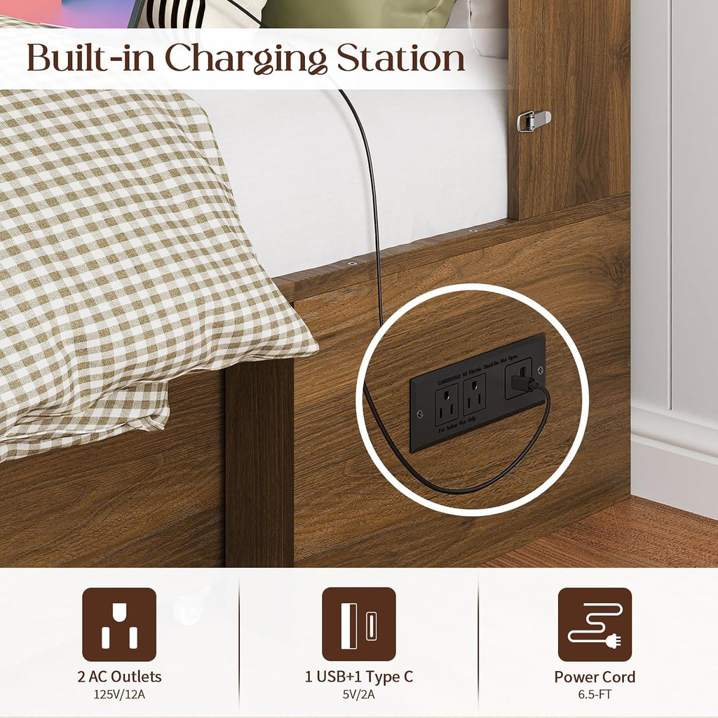 Queen Murphy Bed with Charging Station - Rattan Queen Bed Frame with Storage Drawers, Wood Cabinet Beds for Guest