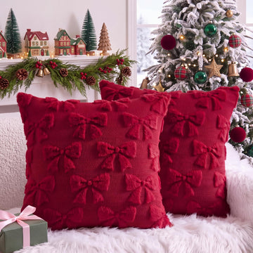 Bow Pillow Covers Set of 2 Preppy Room Decor, 20"x20", Burgundy