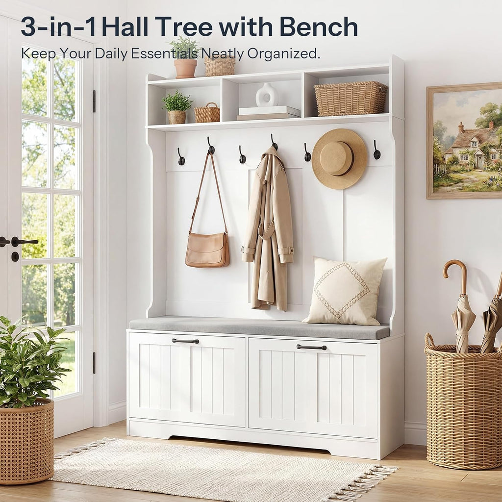 Hall Tree with Bench, 47.2" Hall Tree with Shoe Storage | Entryway Coat Rack, Shoe Bench with Storage, Farmhouse Hall