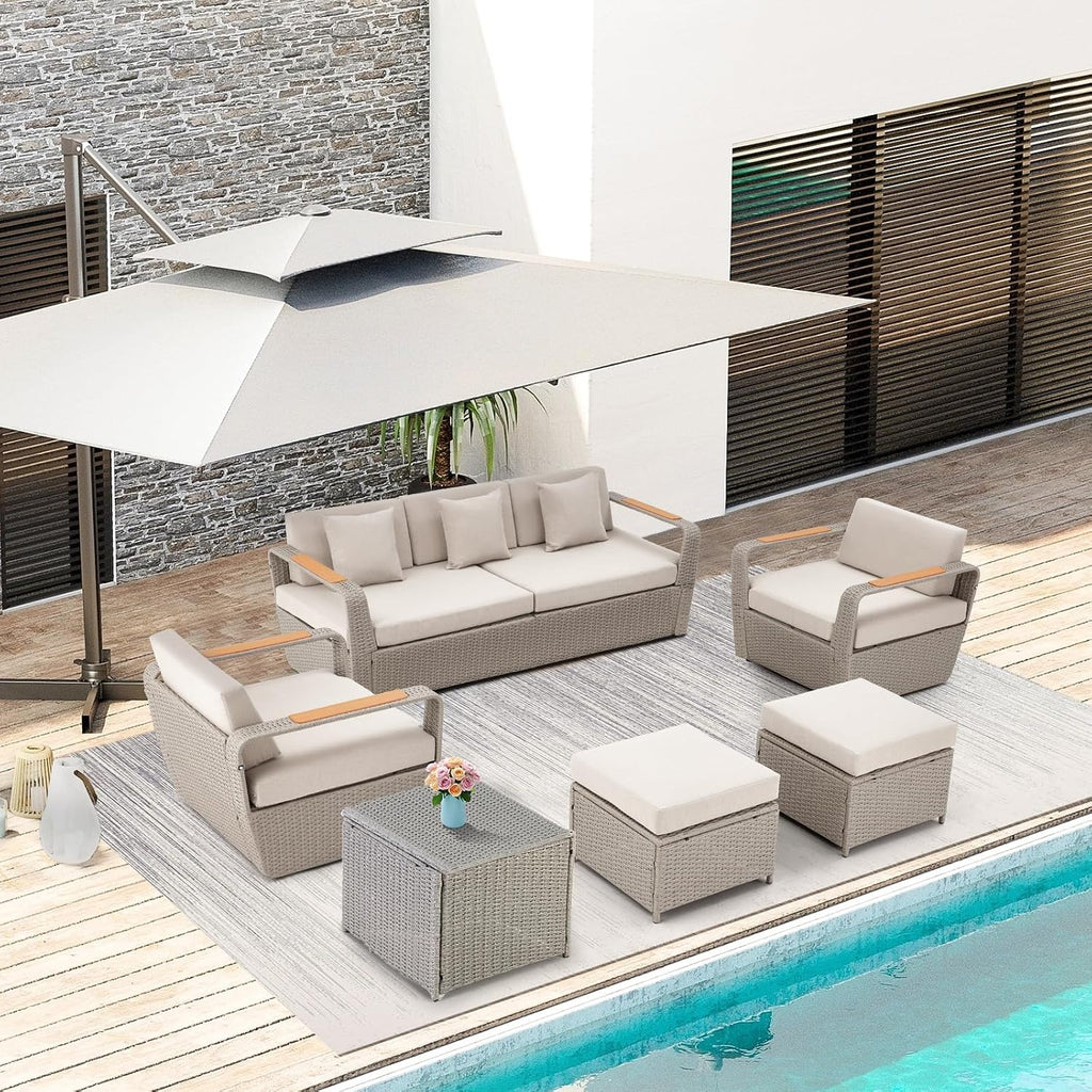 Patio Furniture Set, Oversized 7-Seat Outdoor Sectional with Ottoman and Coffee Table, Wicker Rattan Patio Sofa Set