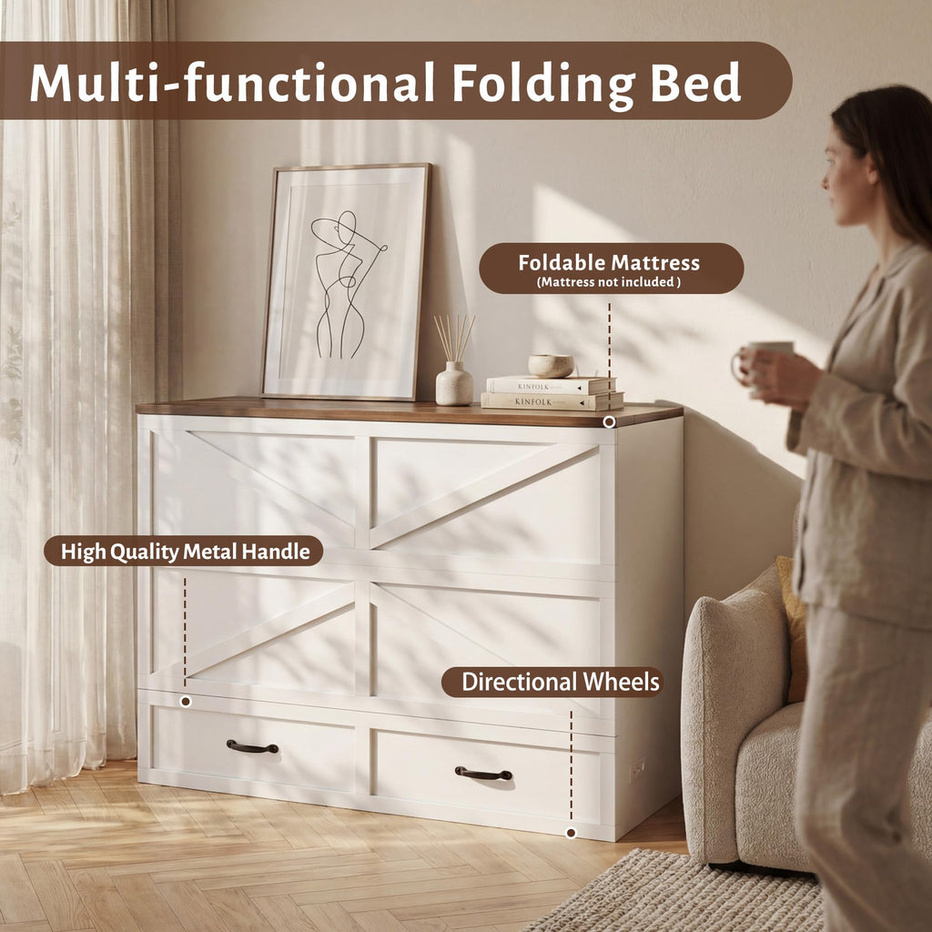 Queen Murphy Bed Frame with Charging Station, Freestanding Cabinet Murphy Bed with Fold-Down Panel & Reinforced