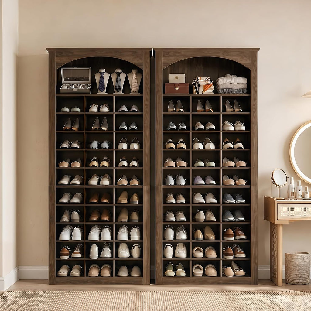 68.7" Tall Shoe Cabinet, 30-Cube Large Capacity Shoe Organizer with Arched Display Shelf, Rustic Entryway Storage for
