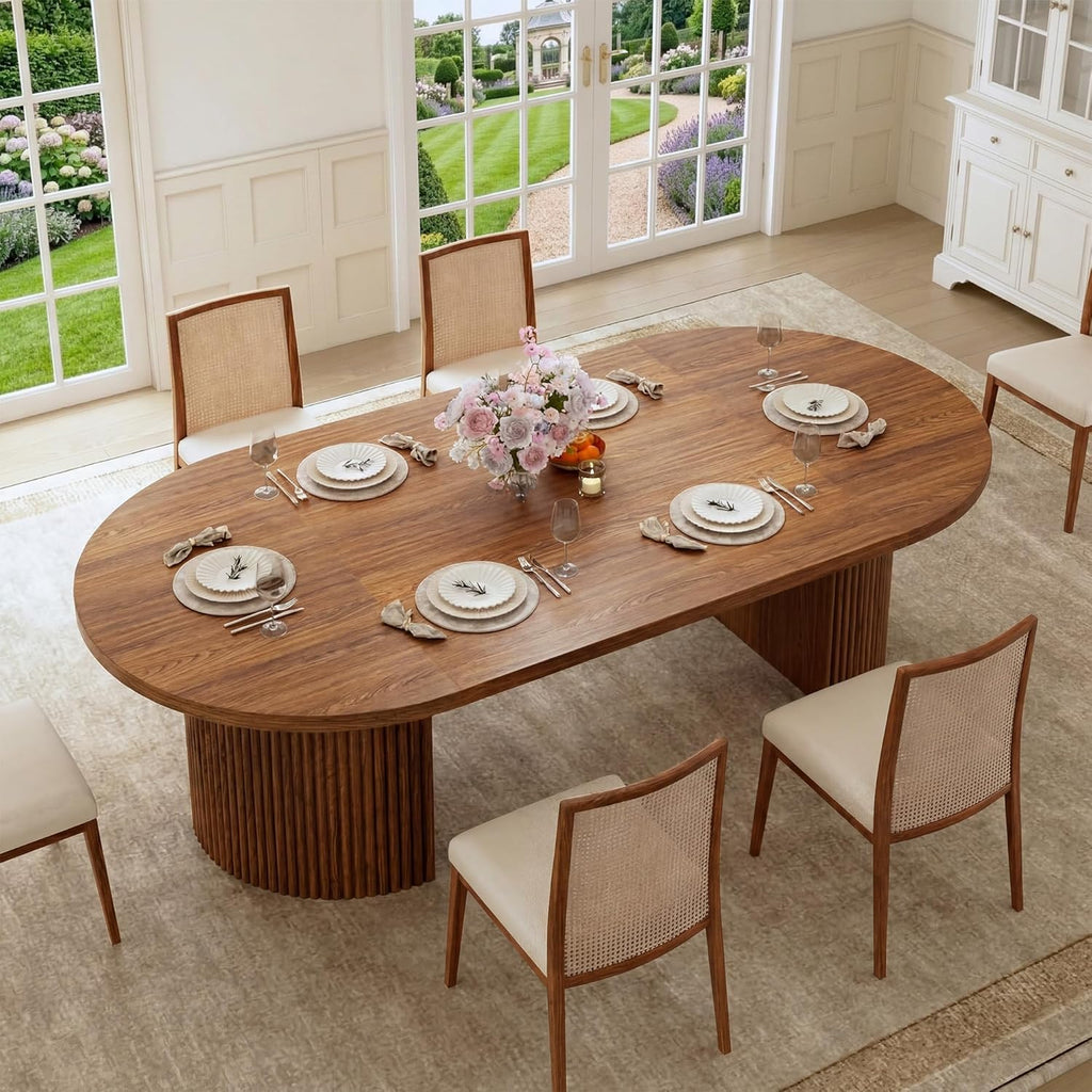 Extendable Round Dining Table for 4-8, 39in-77in Long Large Kitchen Table with Fluted Base, Space Saving Modern