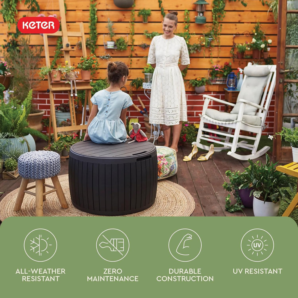Circa 37 Gallon Deck Box Organizer, Works as Ottoman Chair or Side Table, Brown - Large Resin Round Outdoor Storage