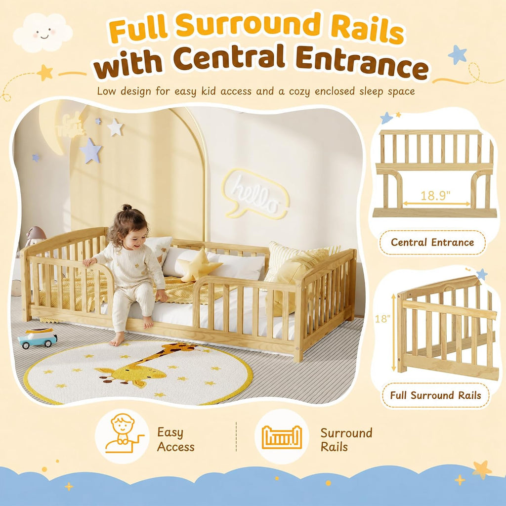 Twin Floor Bed with Rails, Pine Wood Montessori Bed with Central Entrance & Round Corner Design, Montessori Floor