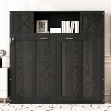 Queen Murphy Bed with Storage Cabinets, Wood Murphy Bedframe with Bookcase Shelves, Folding Wall Bed Cabinet for Adults (Black)