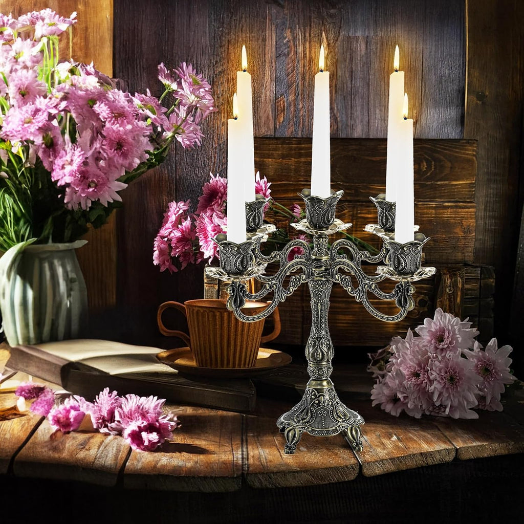 5-Candle Metal Candelabra, 10 Inch Tall 5 Arms Candle Holder Stick for Taper Candles, Vintage Candelabra Candle Stand