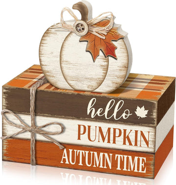 Fall Tiered Tray Decorations Thanksgiving Wooden Pumpkin and Maple Leaf Book Stack Signs, Autumn Vintage Table - Set of 4