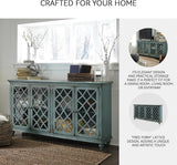 Mirimyn Vintage 69" 4-Door Accent Cabinet with Mirrored Glass and 2 Adjustable Shelves, Antique Blue