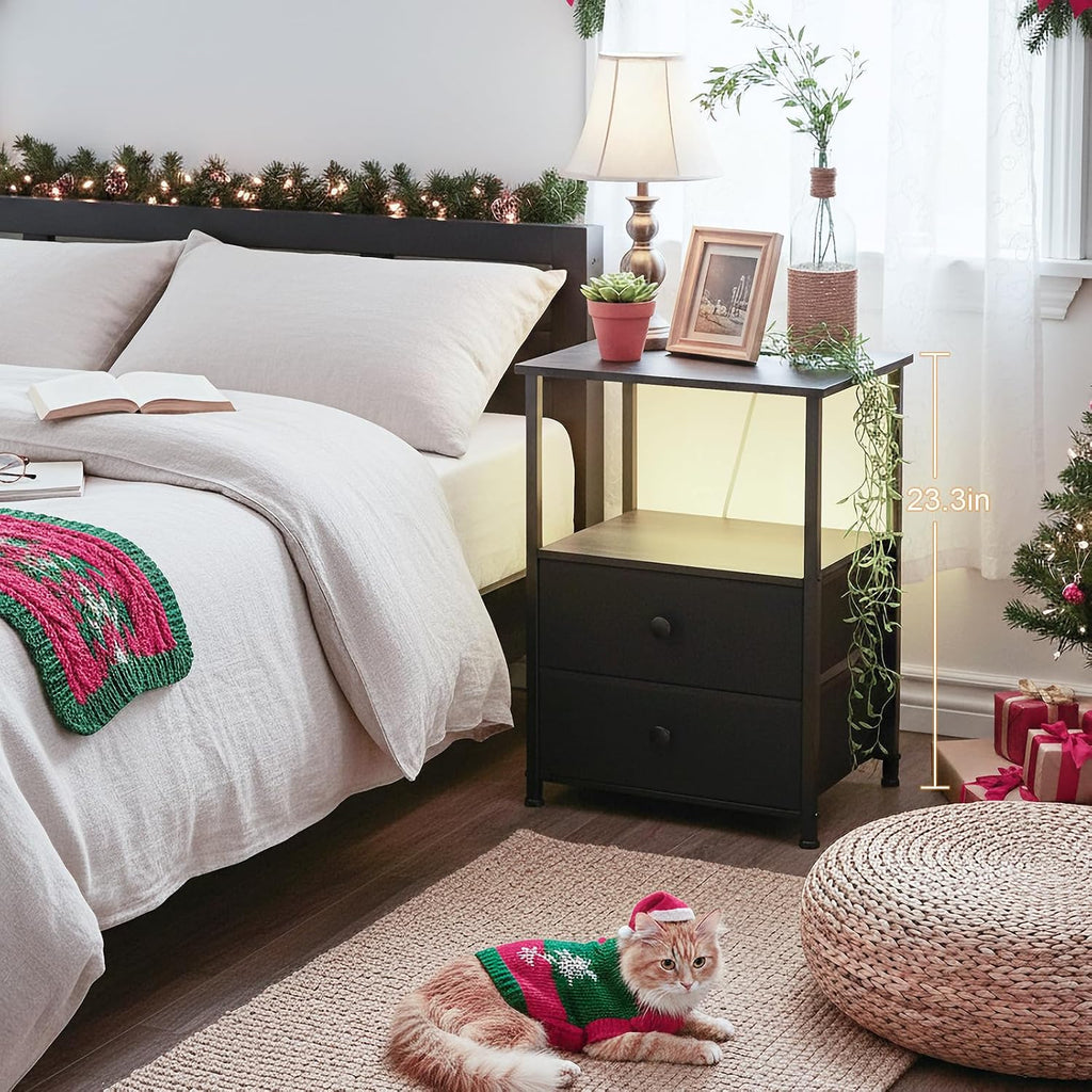 Night Stand Set 2, LED Nightstand with Charging Station, End Tables with Storage Shelf, Bed Side Table with 2 Fabric