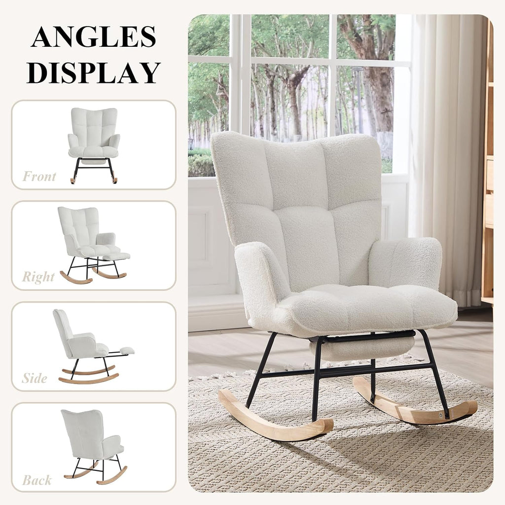 Nursery Rocking Chair with Footrest, Teddy Upholstered Glider Rocker with Side Pocket, Leisure Rocker Chair with High