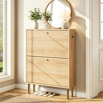 Shoe Storage Cabinet - Flip Shoe Cabinet with Tiered Fluted Design - Slim Shoe Storage Rack with Gold Legs - Narrow