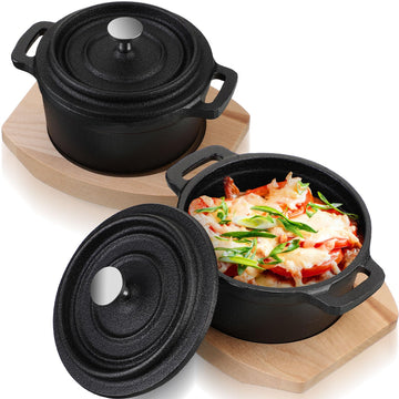 2 Sets 17 oz Mini Dutch Oven Cast Iron Pot with Lid Wood Base