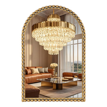 24"x36" Antique Gold Arched Bathroom Mirror, Bold Beaded Frame