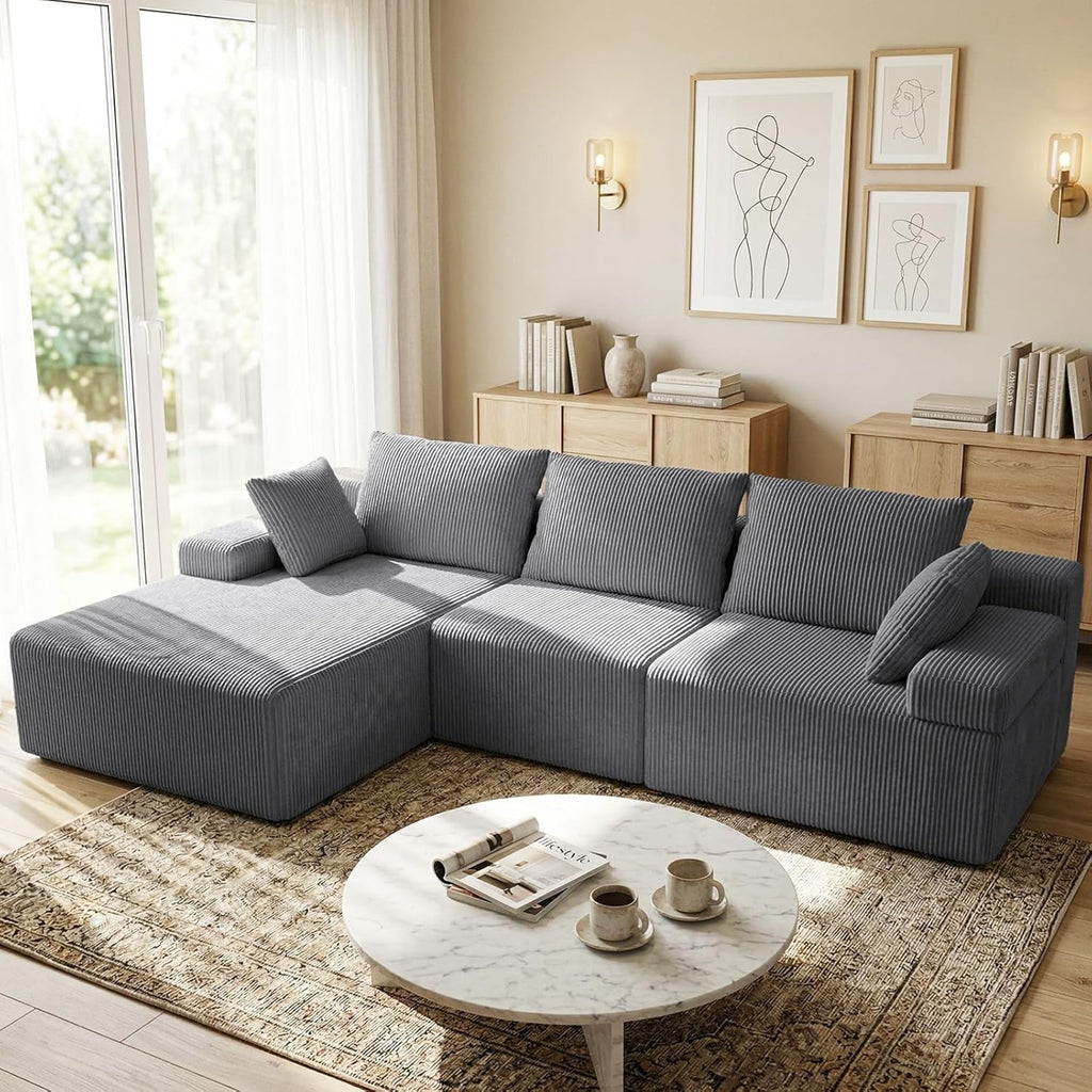 108" Boneless Sectional Couch,Corduroy Cloud Couch Sectional ,Modern L Shaped Modular Sectional Couch,3 Seater Sofa