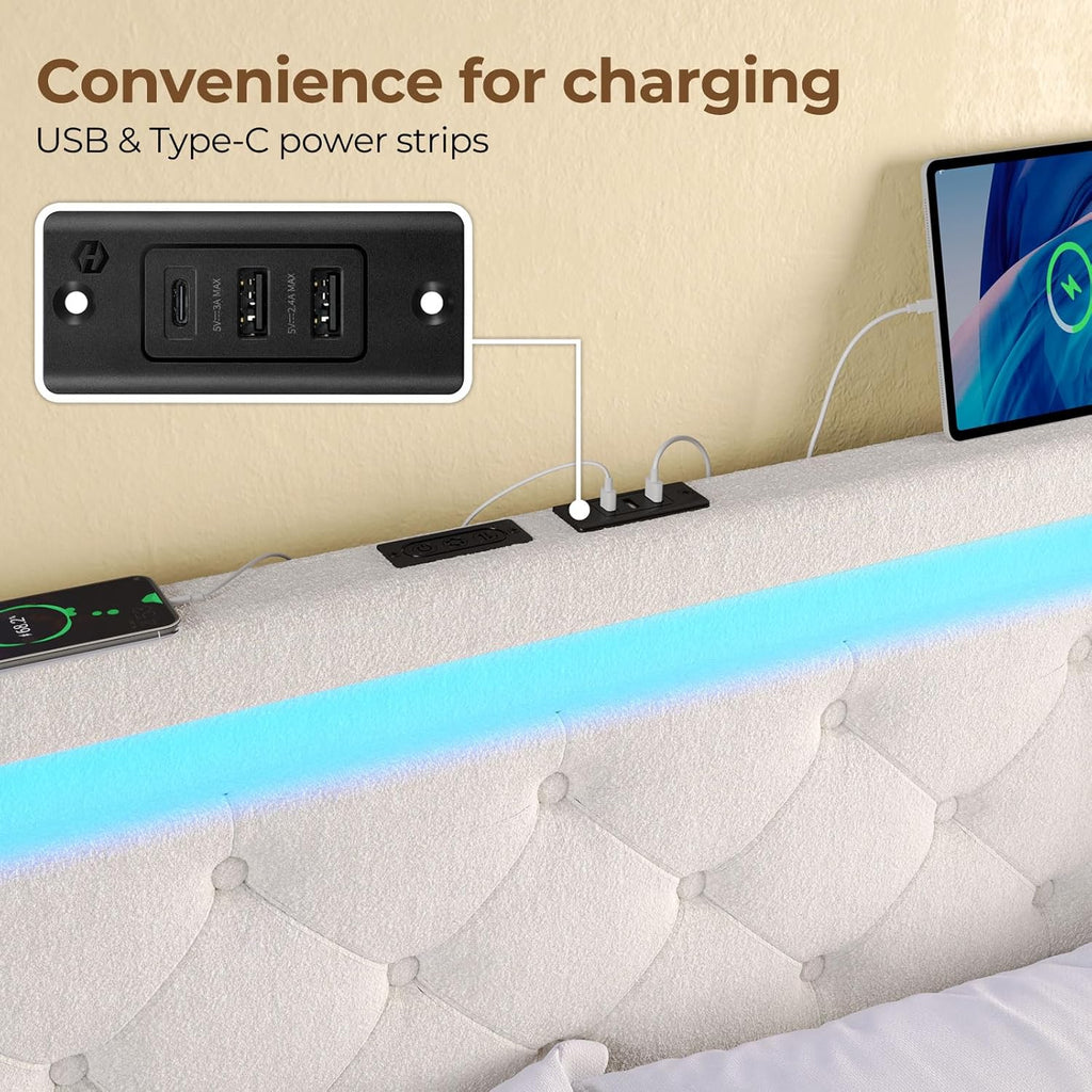 Queen Bed Frame with LED Lights and Charging Station, Upholstered Bed with Drawers, Wooden Slats, Noise Free