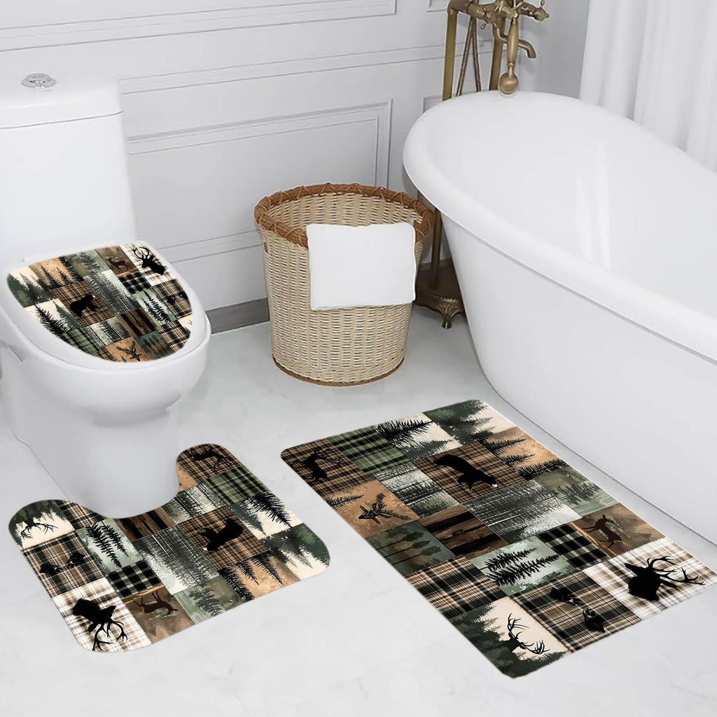 Rustic Cabin Patchwork Shower Curtain Set with Non-Slip Bathroom Rugs, Wild Animal Deer and Bear Vintage Plaid Shower