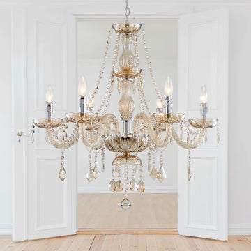 6 Light Chandelier Modern K9 Crystal Chandelier Lighting, Champagne Crystal Ceiling Light Fixture Pendant Lamp for Dining Room Bathroom Bedroom Livingroom