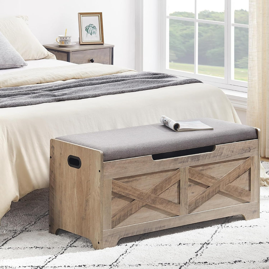 Storage Chest, Lift Top Storage Trunk with 2 Safety Hinges, Barn Style Organizer, Wooden Entryway Bench with Seat